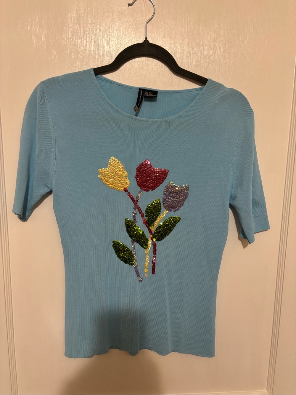 Sweaterworks Light Blue Short Sleeve Sequin Tulip Top